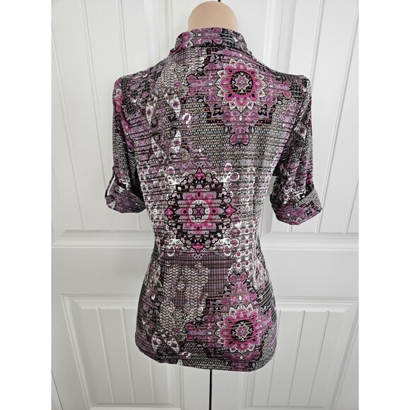 Cathy Daniels Roll Tab Blouse Silvertone Buttons Medallion Pattern Size S - Picture 7 of 9